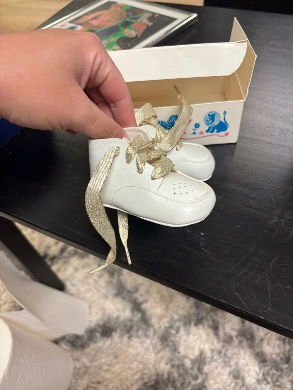 Vintage Baby White Sneakers with Gold Ribbon Laces